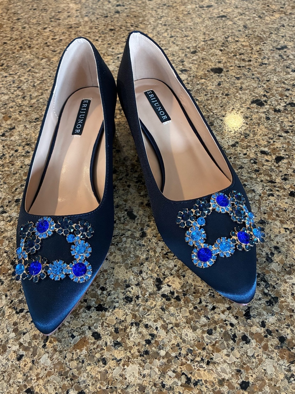 Eritunor Navy Pointed Toe Heels with Blue Crystal Embellishment